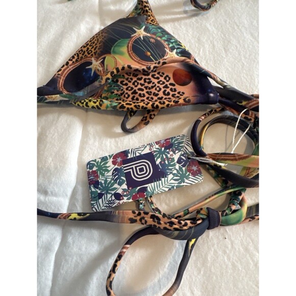 Sexy Skimpy Bikini Set Sz M -NWT Strappy Jungle Planet Leopard Psychedelic Print - Picture 2 of 9